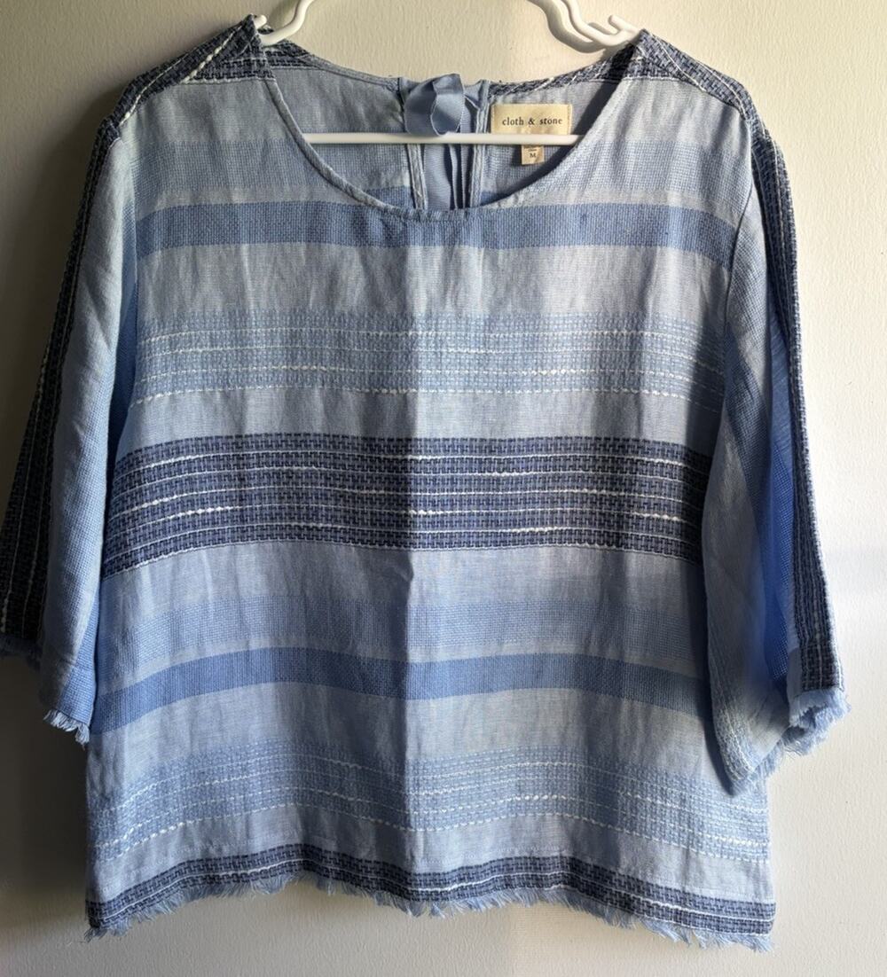 Anthropologie Cloth & Stone Linen Blend Striped Fringed Top Womens Medium Blue